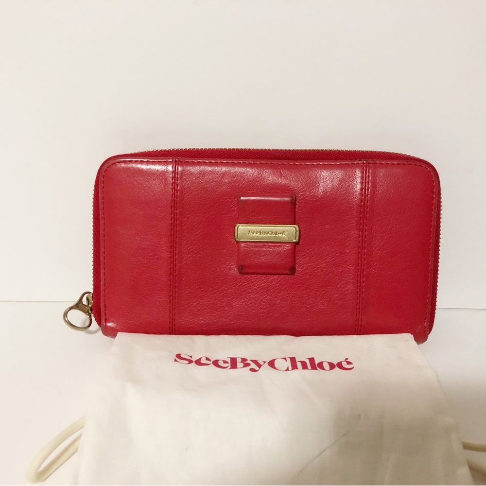 Authentic Chloe See By Chloe  Red  Zip Around Leather Long Wallet